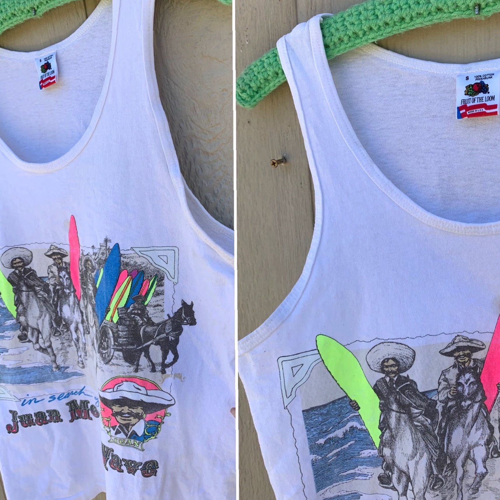 Fruit Of The Loom VINTAGE Fruit of the Loom T-Shirt Tank Top Mens S White Surf Beach Neon Graphics 90s Horse Surf Mexico Beach 80s 90s Size US S / EU 44-46 / 1 - 7 Thumbnail