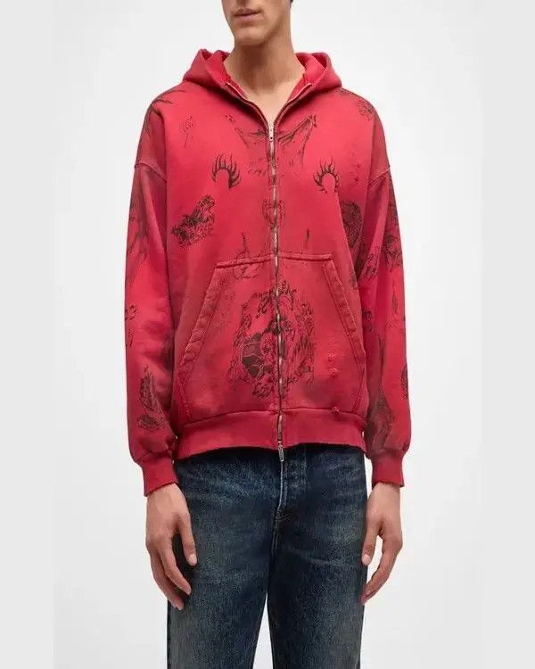 Balenciaga o1srvl11e0925 Tat Zip-Up Hoodie Medium Fit in Red Size US XL / EU 56 / 4 - 4 Thumbnail