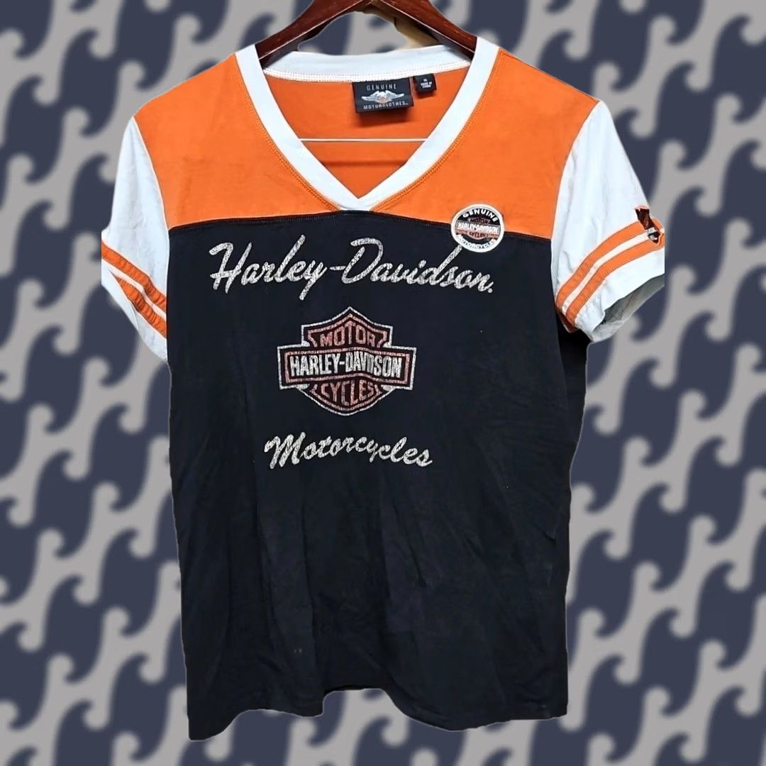 Harley Davidson Y2K Harley-Davidson Women's XL Black Color Block V-Neck Biker Jersey Tee Size XL / US 12-14 / IT 48-50 - 1 Thumbnail