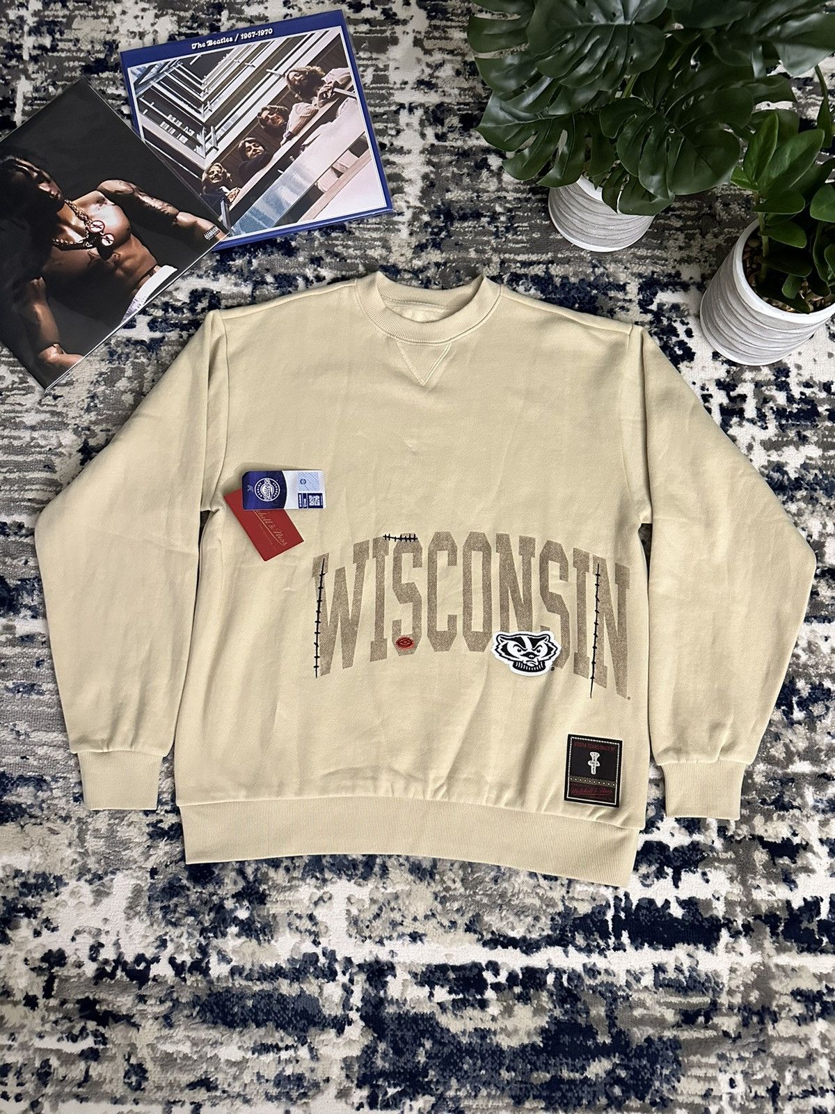image of Mitchell Ness x Travis Scott Mitchell & Ness Wisconsin Crewneck in Cream, Men's (Size Medium)