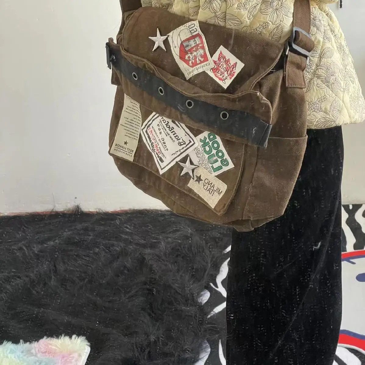 Vintage Brown Old School Style Star Patch Canvas Students School Bag Size ONE SIZE - 9 Thumbnail