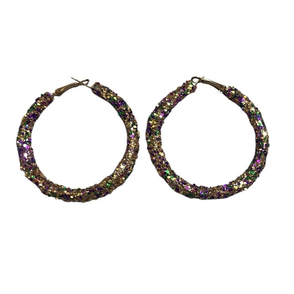 Other Sparkle Mardi Gras Purple Green Gold Bling Hoop Earrings NWO Size ONE SIZE - 1 Thumbnail