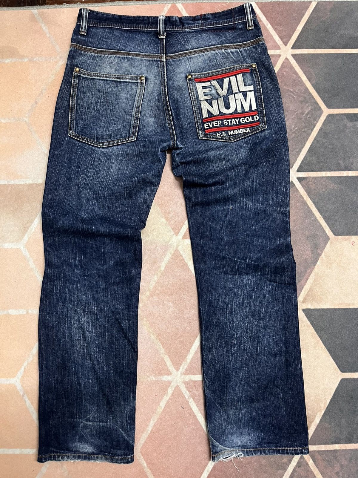 Japanese Brand Evil Number Japan union made distressed big e type fabric Size US 33 - 11 Thumbnail