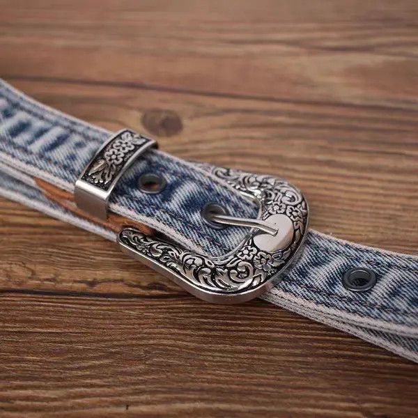 Japanese Brand 47 Inch Vintage Pin Buckle Textured Design Denim Belt Size ONE SIZE - 4 Thumbnail