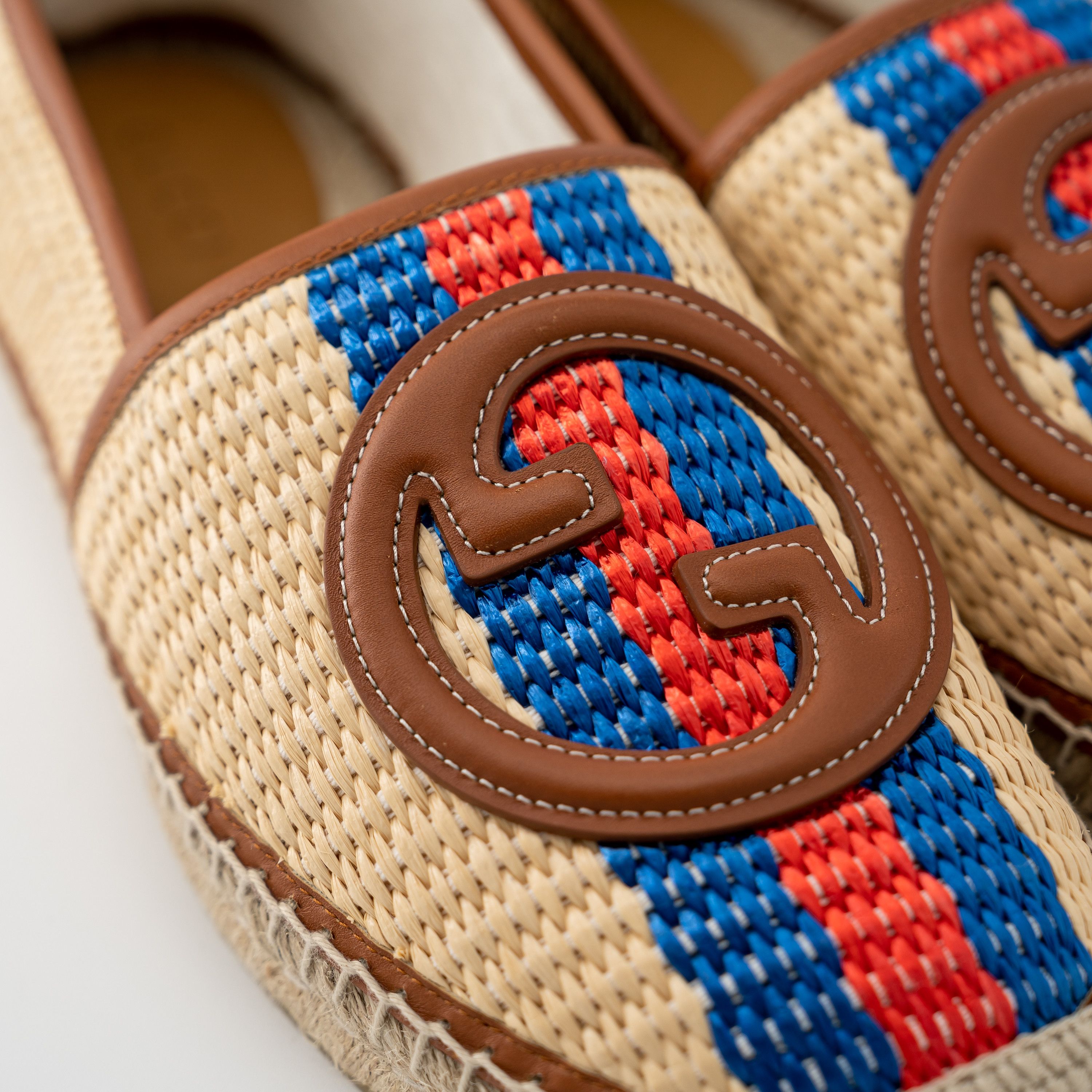 Gucci 9.5G Gucci Brown Raffia GG Espadrilles Red Blue Stripe Size US 10 / EU 43 - 6 Thumbnail