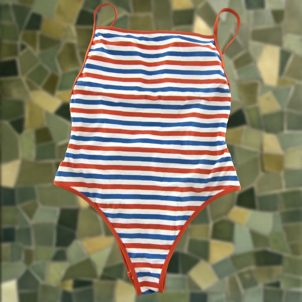 Vintage Aerie American Eagle Orange White Blue Stripe One Piece Swimsuit Women Large Size ONE SIZE - 1 Thumbnail