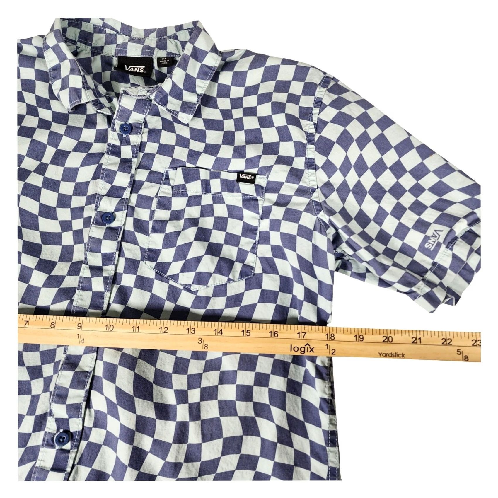 Vans VANS Warped Checkerboard Short Sleeve Button Down Shirt Blue Cotton Shirt Mens XL Blue Checkerboard Warped Pattern Casual Beach Summer Size US XL / EU 56 / 4 - 5 Thumbnail