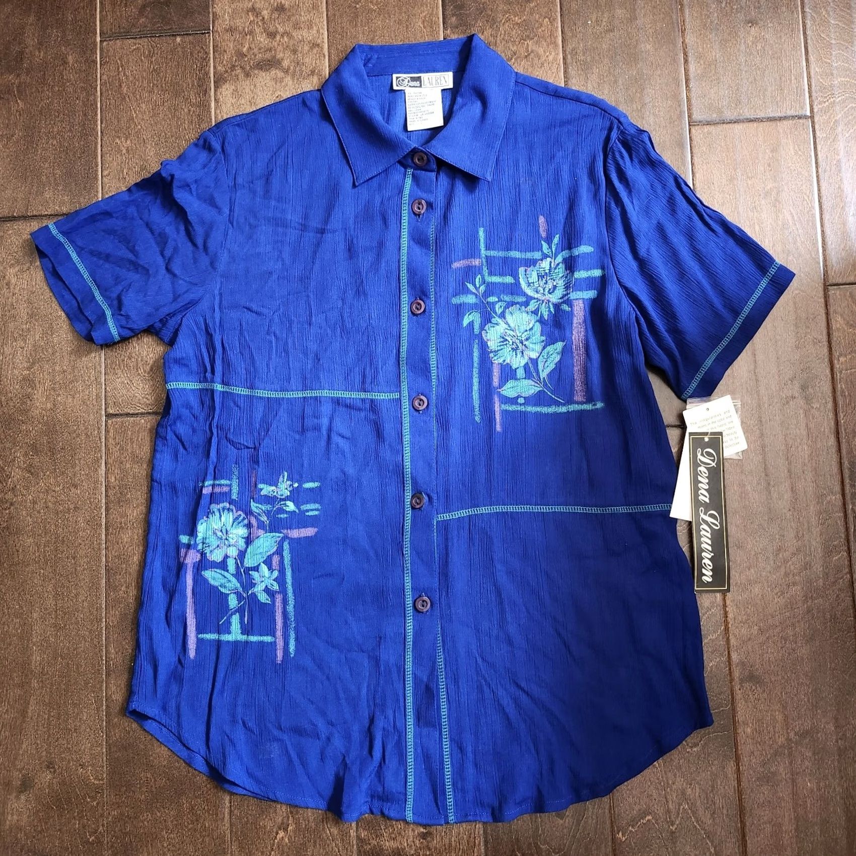 Vintage Dena Lauren Women's Blue Floral Button-Up Shirt - L - NWT Size L / US 10 / IT 46 - 2 Thumbnail