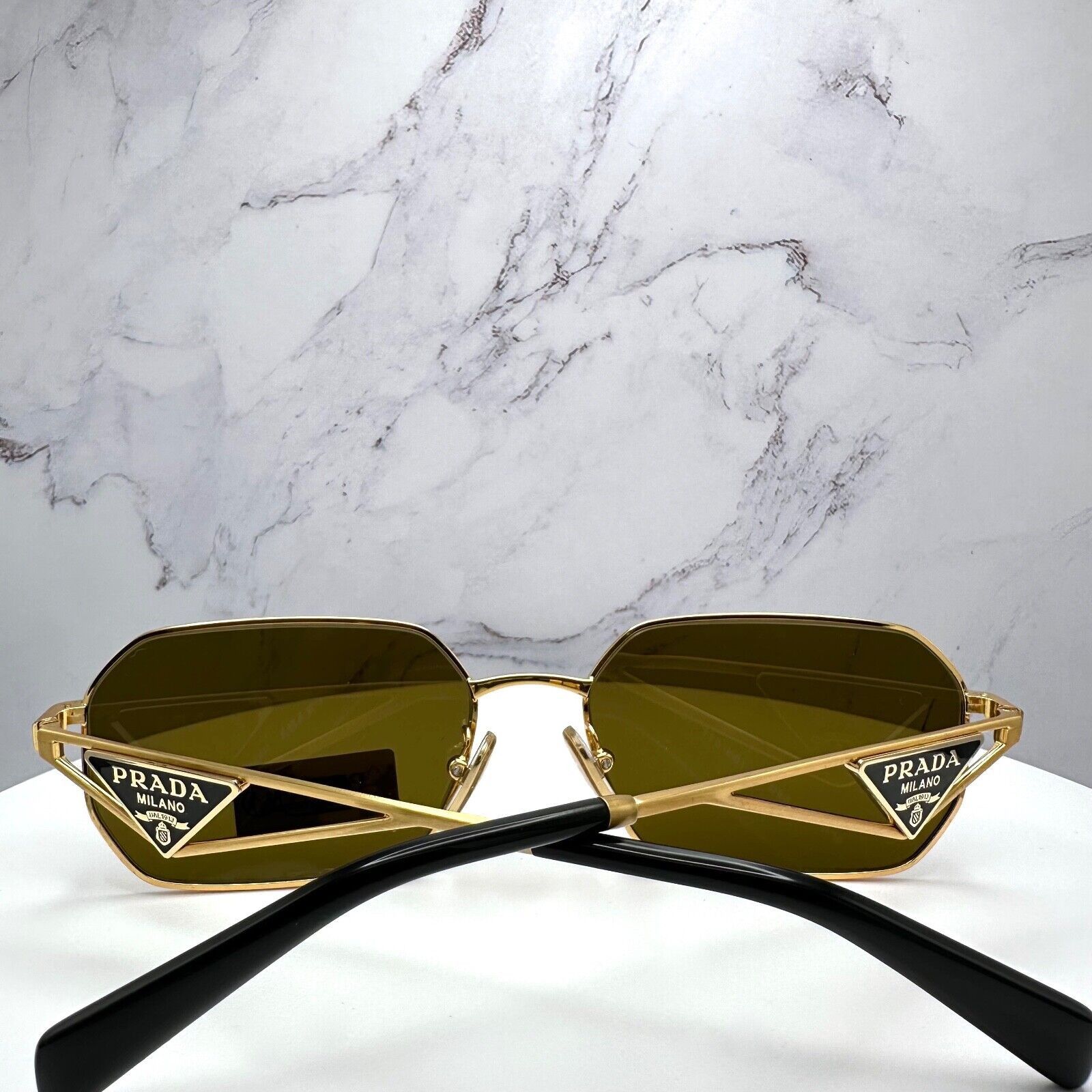 New Prada Sunglasses Gold Metal Black Plaque Triangle Logo