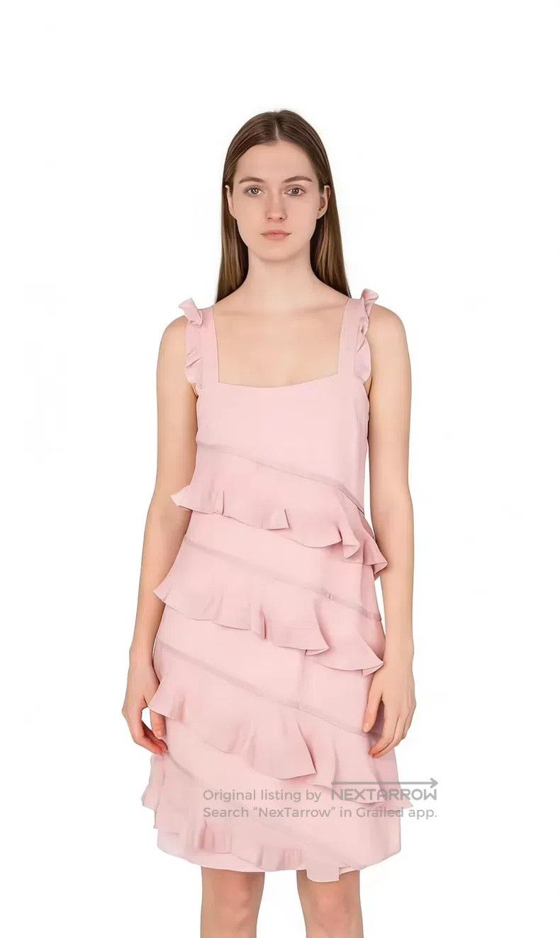 Valentino Valentino Pink diagonal ruffled square neck silk acetic dr Size L / US 10 / IT 46 - 1 Thumbnail