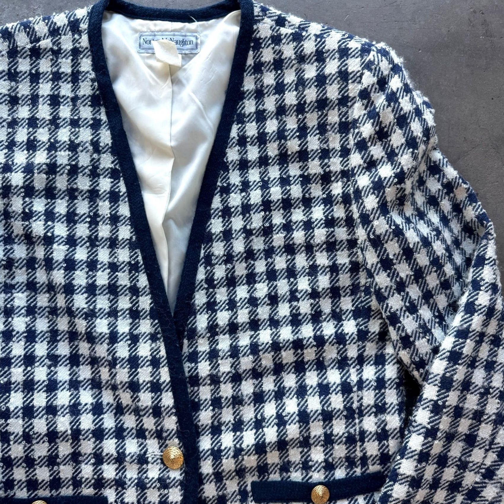 Vintage VINTAGE Norton McNaughton Blazer Gingham Tweed Navy White 12 Women Wool Blend Button Long Sleeve Mid-Length Regular Size XL / US 12-14 / IT 48-50 - 3 Thumbnail