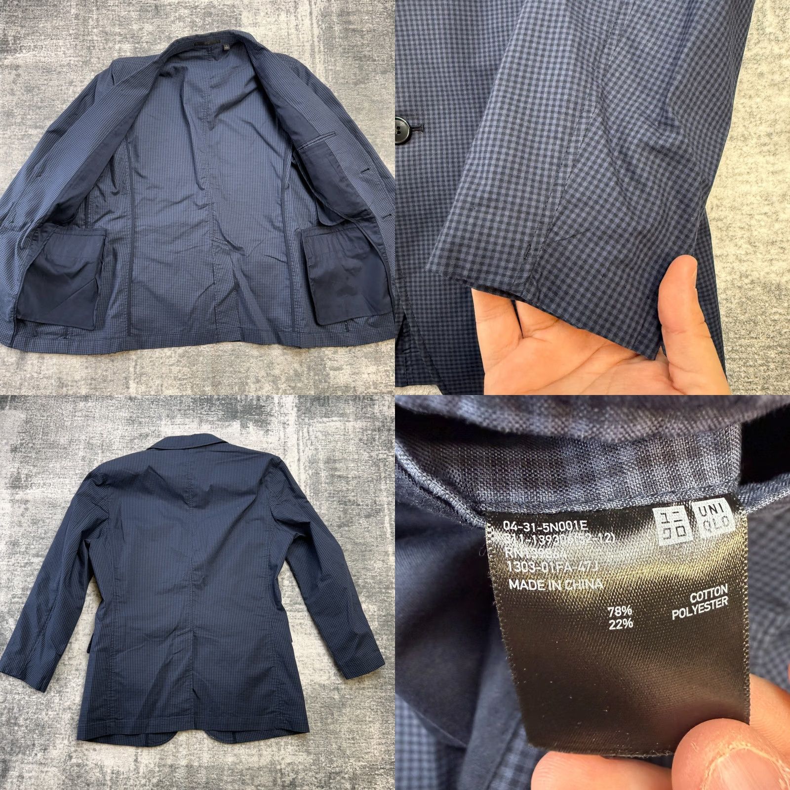 Uniqlo Uniqlo Blazer Mens S Navy Blue Gingham Check Lightweight Unstructured Jacket Size 36R - 8 Thumbnail