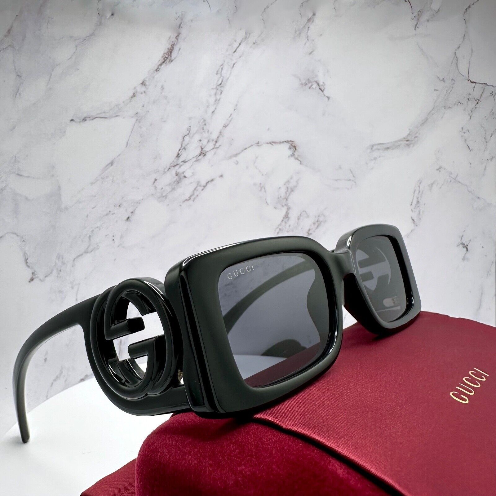 image of Gucci New Black Sunglasses Rectangle Square Interlocking Gg, Men's