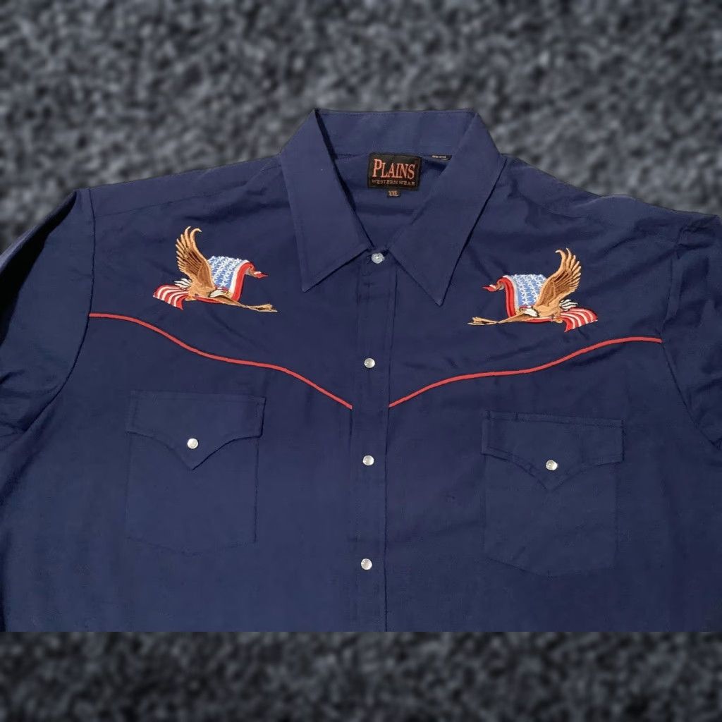 Vintage Plains Western Wear Shirt Mens 2XL Blue Eagle Flag Embroidered Pearl Snap Size US XXL / EU 58 / 5 - 1 Thumbnail