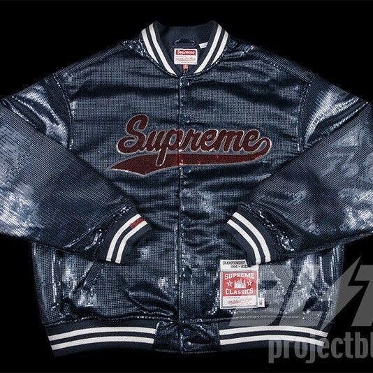 Supreme SS23 Supreme Mitchell & Ness Sequin Varsity Jacket Navy XL Size US XL / EU 56 / 4 - 1 Thumbnail