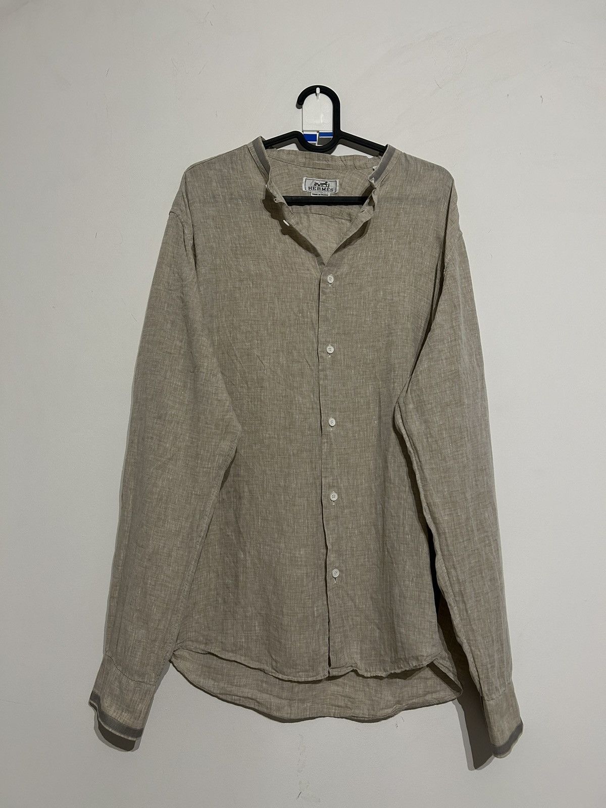 image of Hermes Paris Linen Collarless Shirt in Beige, Men's (Size XL)