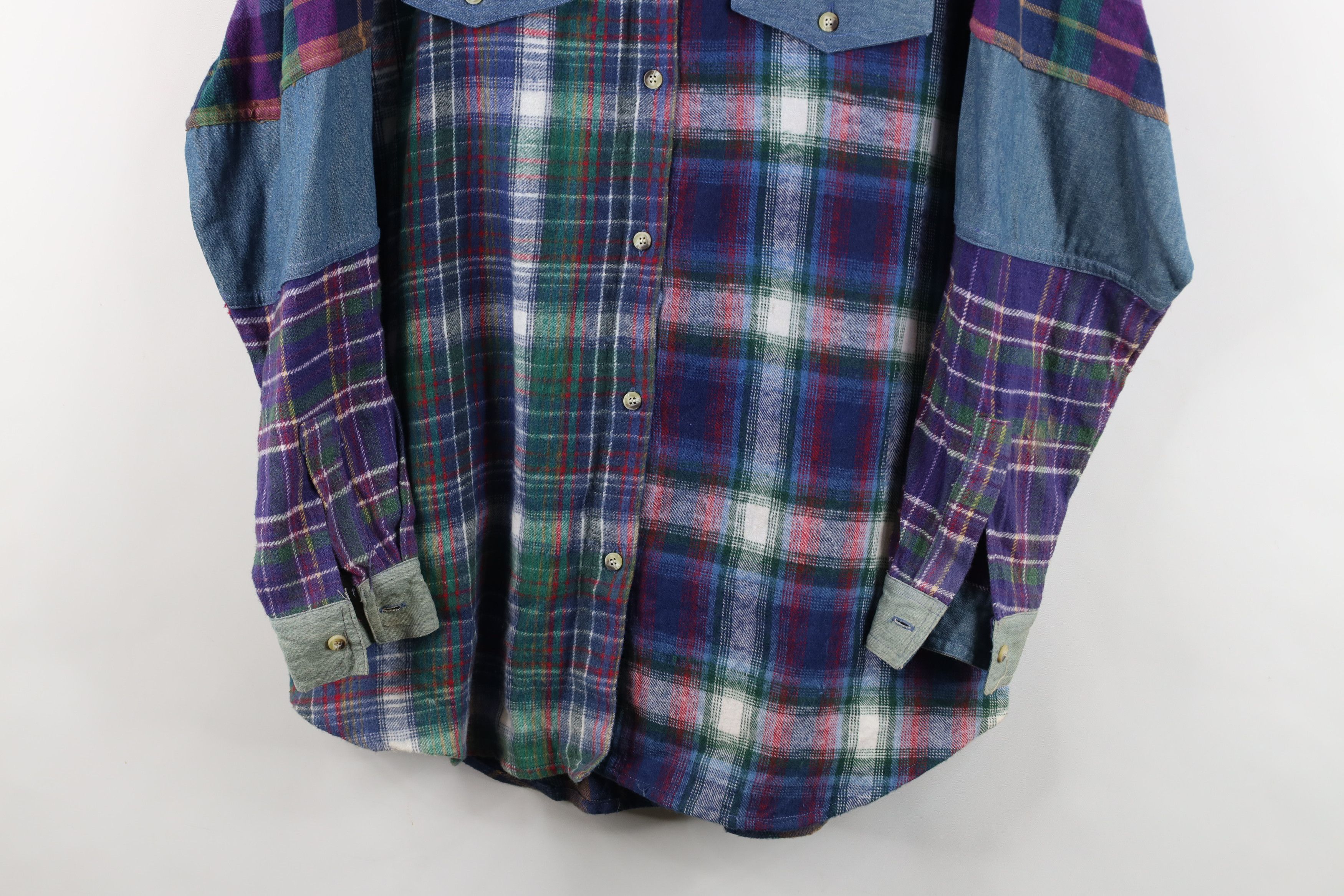 Vintage Vintage 90s Streetwear Denim Trim Flannel Button Shirt Plaid Size L / US 10 / IT 46 - 3 Thumbnail