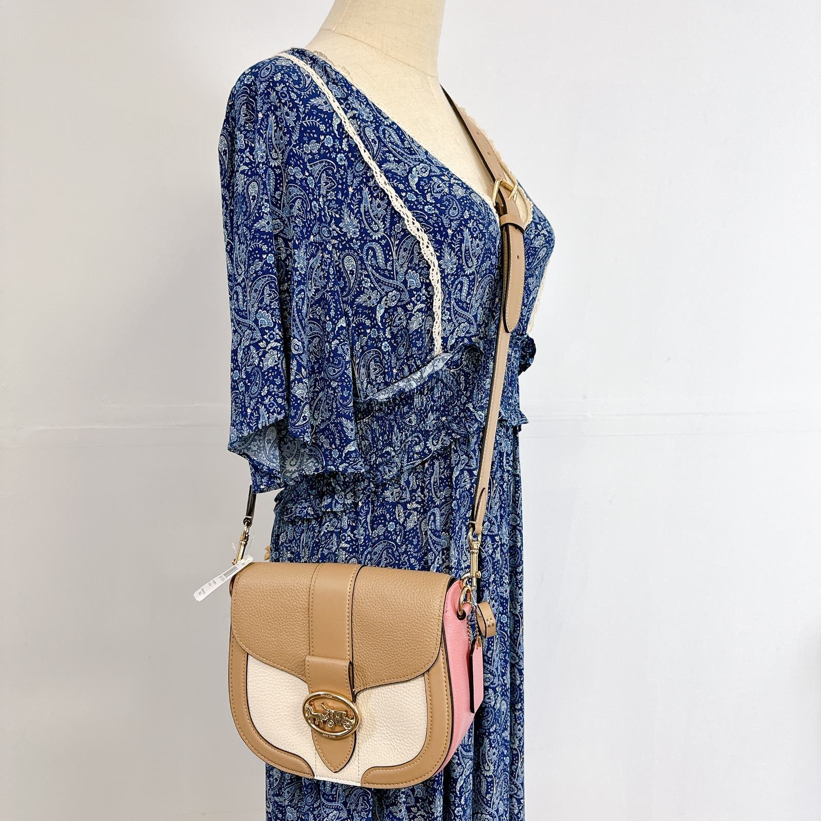 image of Coach C3596 Georgie Saddle Bag In Colorblock In Taupe Multi in Tan, Women's
