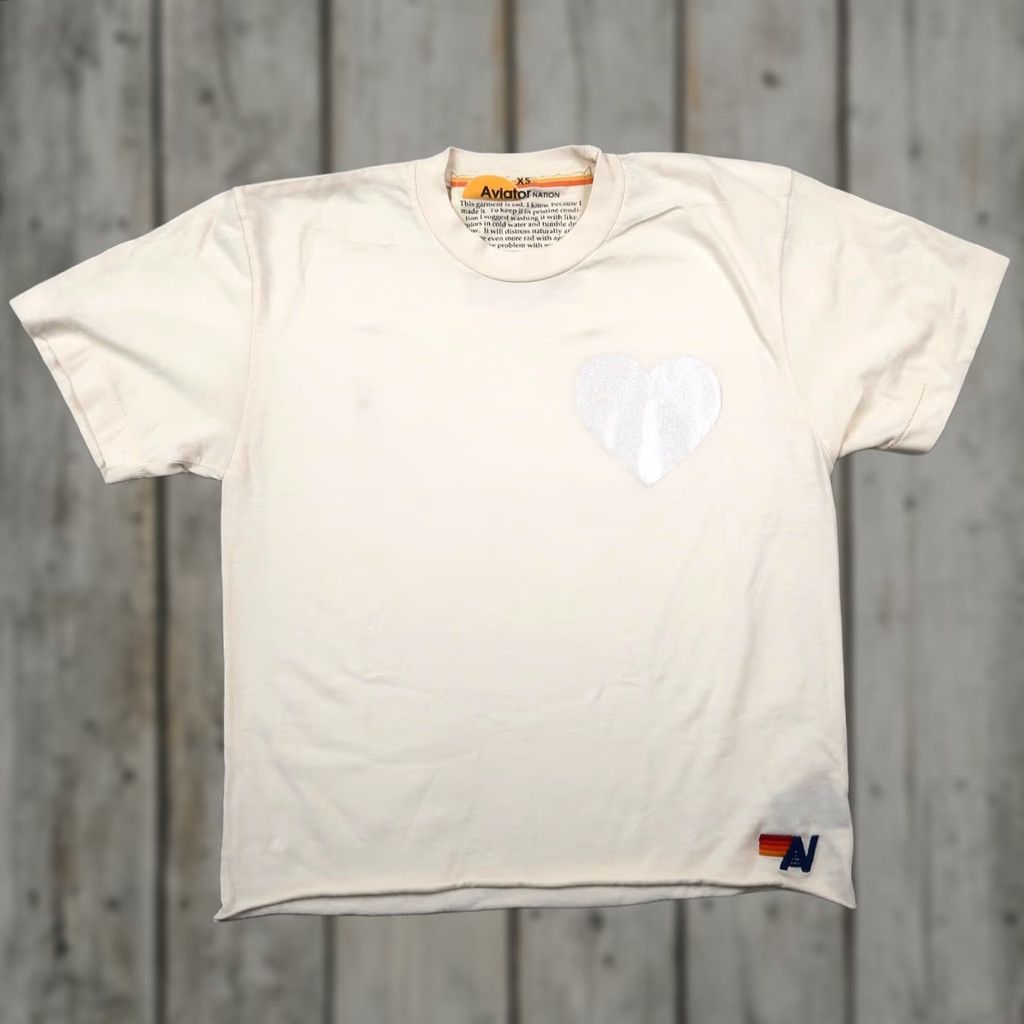 Aviator Nation Aviator Nation Heart Ivory T Shirt XS Women USA Made Crew Neck Short Sleeve Embroidered Basic Tee Size XS / US 0-2 / IT 36-38 - 1 Thumbnail