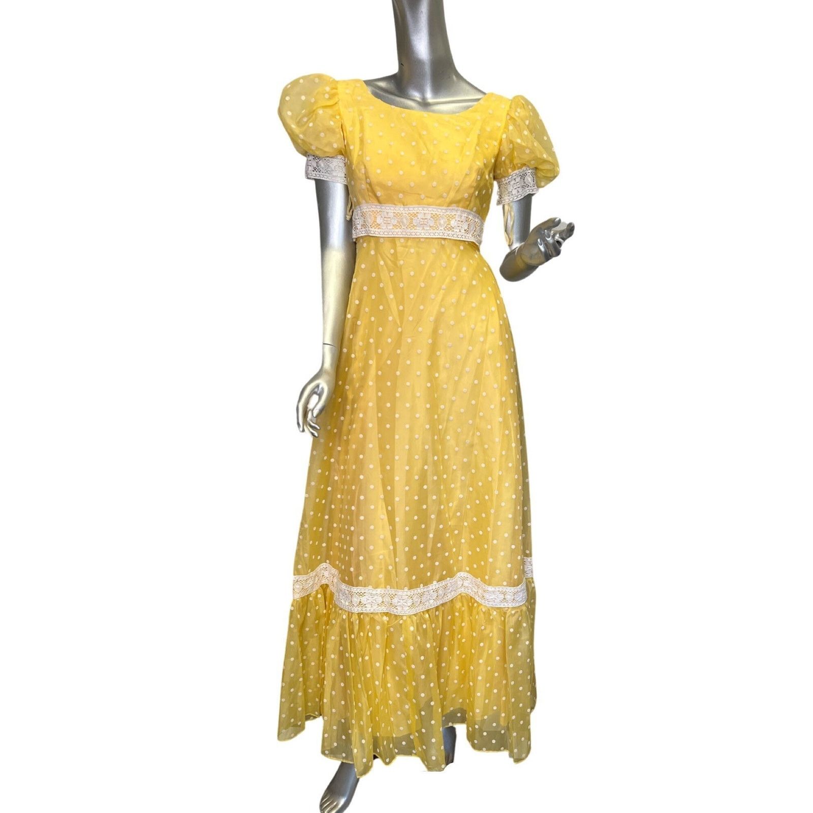 image of Vintage 1970S Nadine Yellow White Polka Dot Maxi Dress Small, Women's