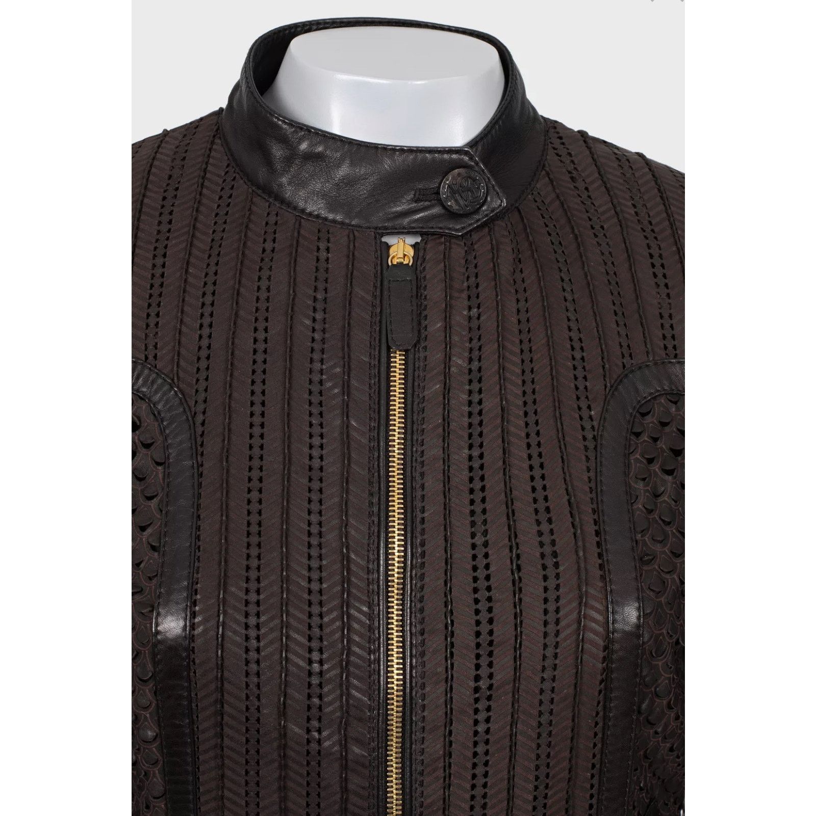 Roberto Cavalli Roberto Cavalli Brown Perforated Leather Jacket - IT40/S Size S / US 4 / IT 40 - 4 Thumbnail