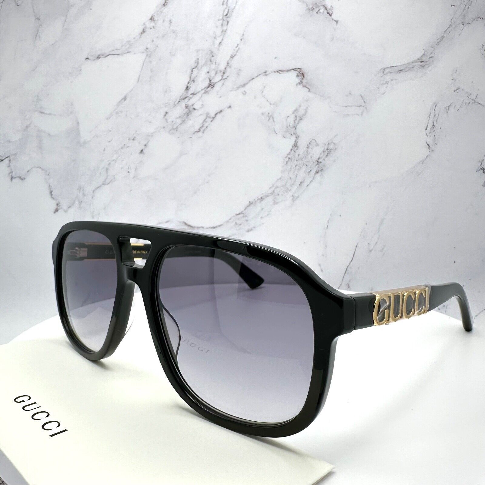 New Gucci Sunglasses Black Pilot Aviator 58mm Navigator Gold