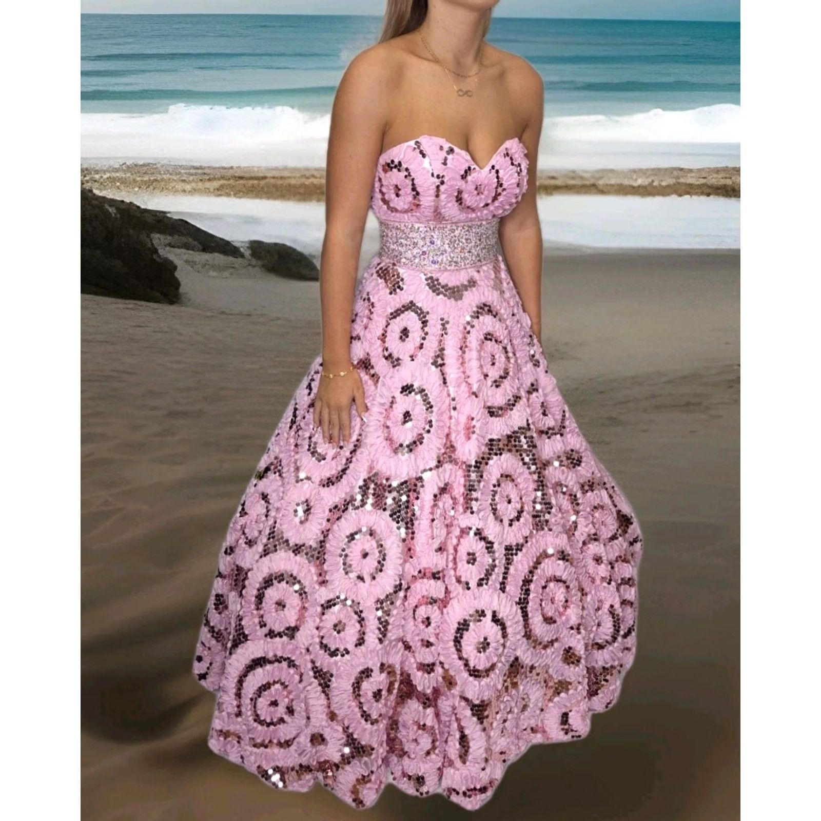 Vintage WOW PROM & PAGEANT Embellished Strapless Gown - Pink, 6, Adult Women, Long Formal Dress, Ball Gown, Quinceanera, Prom, Wedding, Beaded, Sequins Size M / US 6-8 / IT 42-44 - 4 Thumbnail