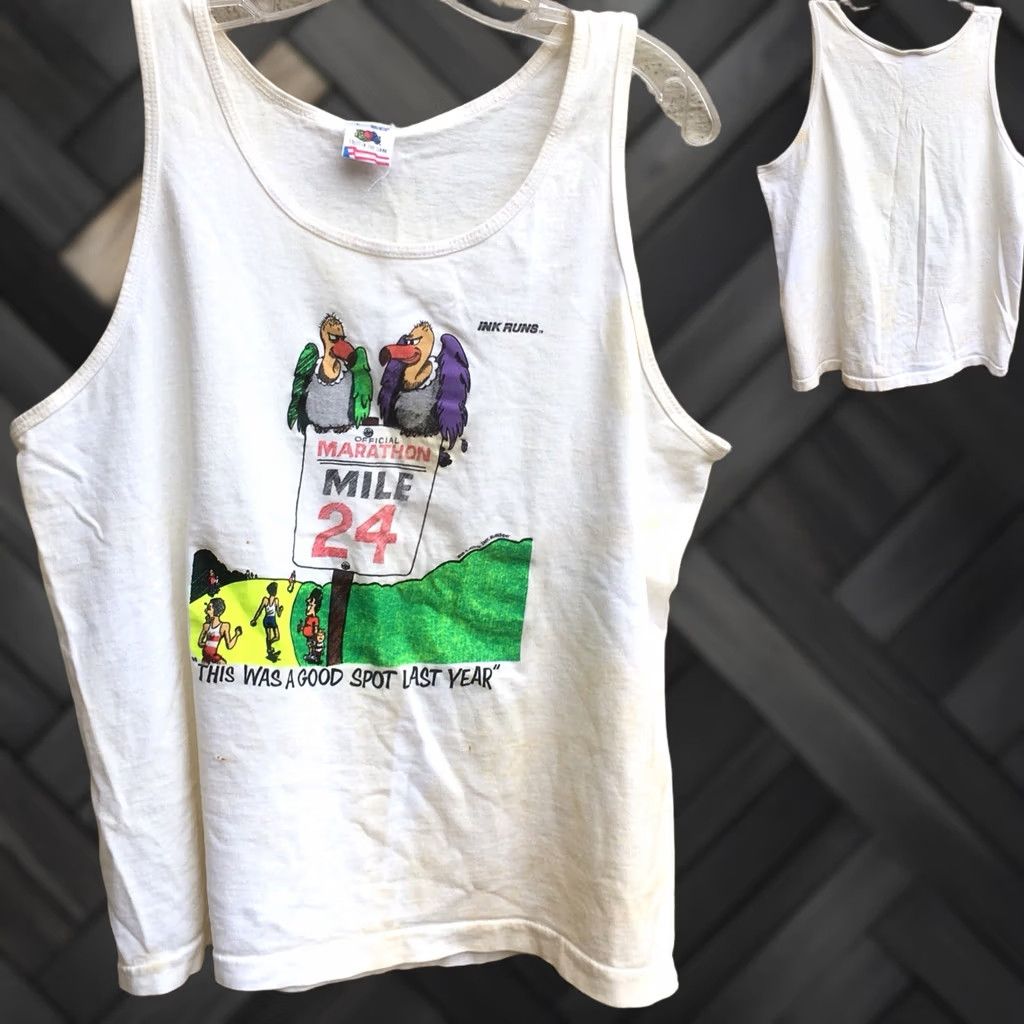 Fruit Of The Loom VINTAGE Marathon Mile 24 Neon Graphic Tank Top Geo A Sedlak Ink Runs c 87 1980s Tank Top Men L White Graphics 80s Sportswear/Beach Size US L / EU 52-54 / 3 - 1 Thumbnail