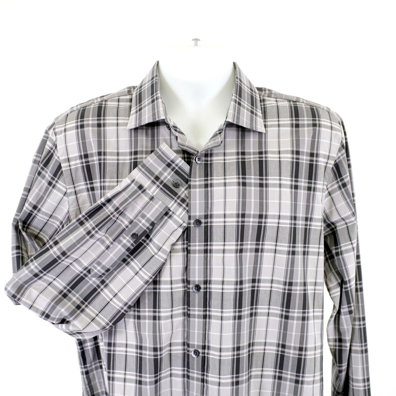Express Express Fitted Gray Black Plaid Large 15-16.5 Collared Dress Size US L / EU 52-54 / 3 - 1 Thumbnail