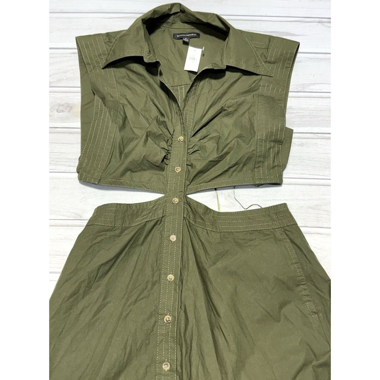 Banana Republic VINTAGE Banana Republic Dress Shirt Dress 8 Green Yasmin Cutout Waist Sleeveless NWT 180 Size M / US 6-8 / IT 42-44 - 2 Thumbnail