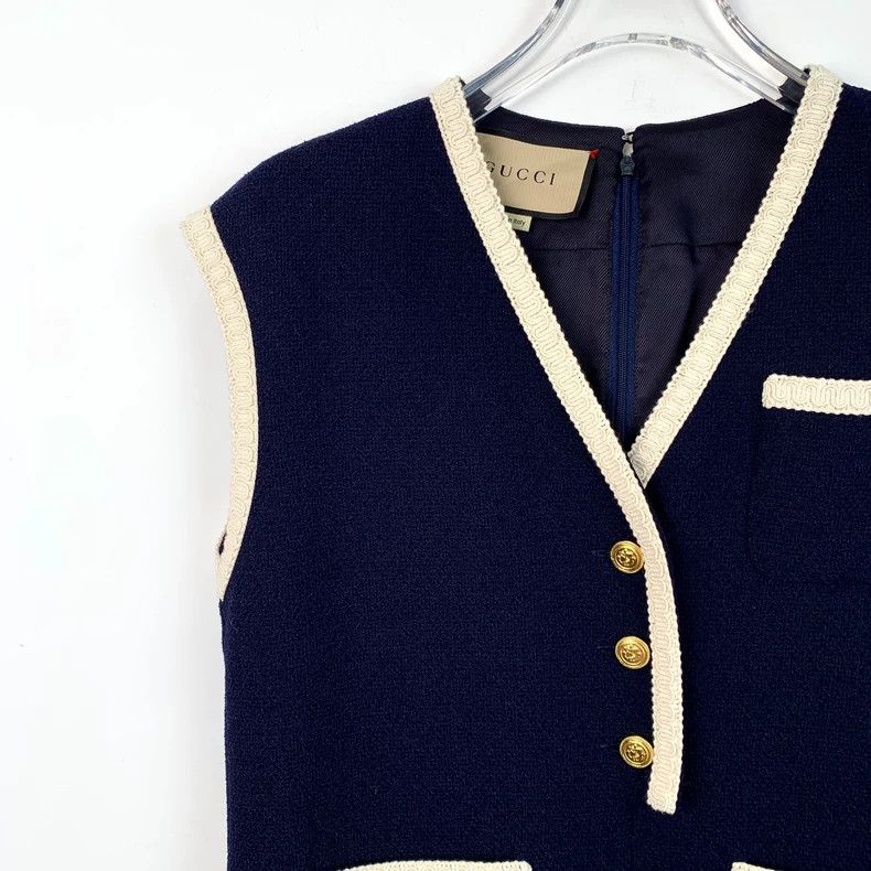 Gucci Gucci23 dark blue logo embroidered wool V-neck sleeveless d Size S / US 4 / IT 40 - 3 Thumbnail