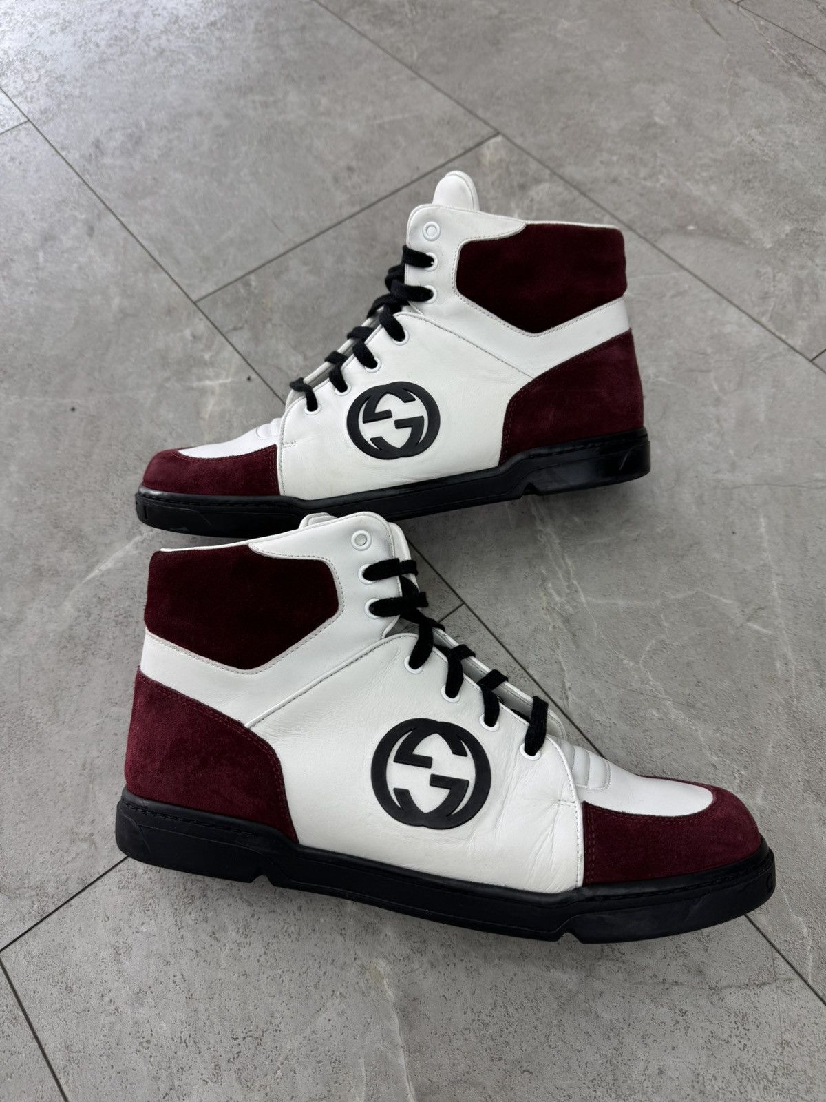 Gucci high top leather suede trainers white burgundy