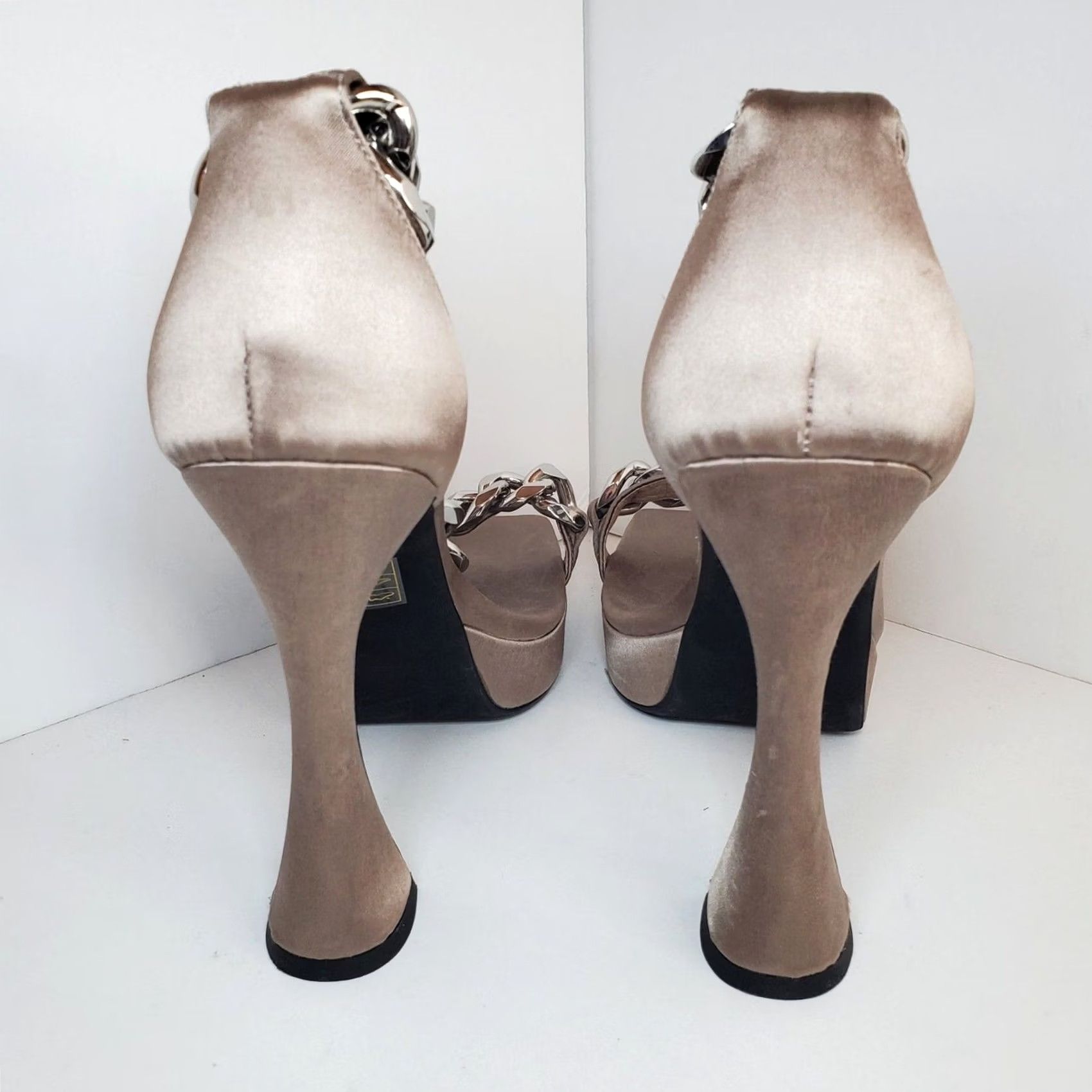 Jeffrey Campbell Jeffrey Campbell Silverlake Platform Shoes Taupe Satin 9.5 Womens Square Toe Spool Heel Big Ankle Chain 90s Punk Designer City Brown Size US 10 / IT 40 - 4 Thumbnail