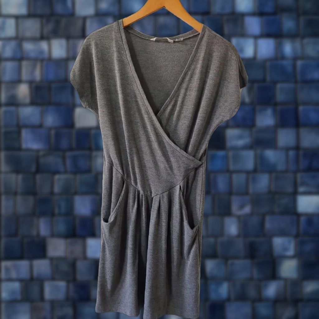 Vintage Derek Heart Dress Womens L Gray Faux Wrap Cap Sleeve Stretch Pockets V-Neck Size L / US 10 / IT 46 - 1 Thumbnail