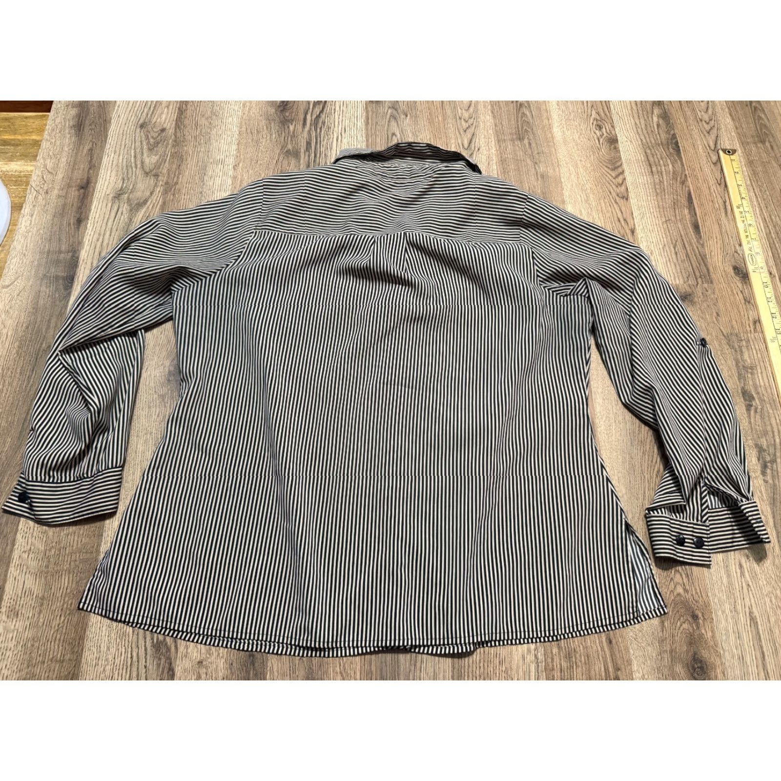 Vintage Notations Shirt, Women's Plus 1X Brown Black Striped Long Sleeve Button Up Shirt Size XL / US 12-14 / IT 48-50 - 2 Thumbnail