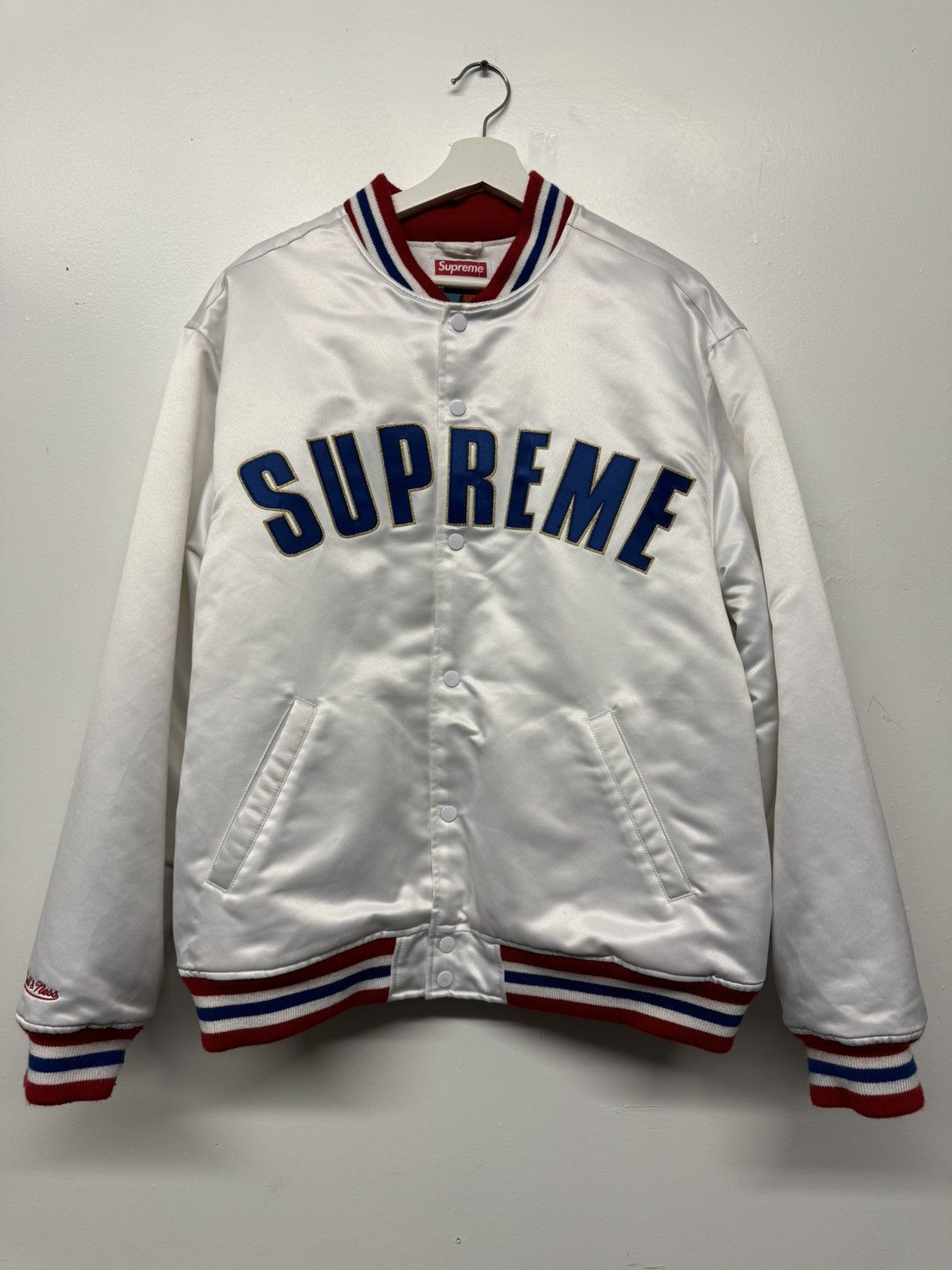 Image of Supreme Mitchell And Ness Varsity Bomber Jacket XL 2021 in White, Men's