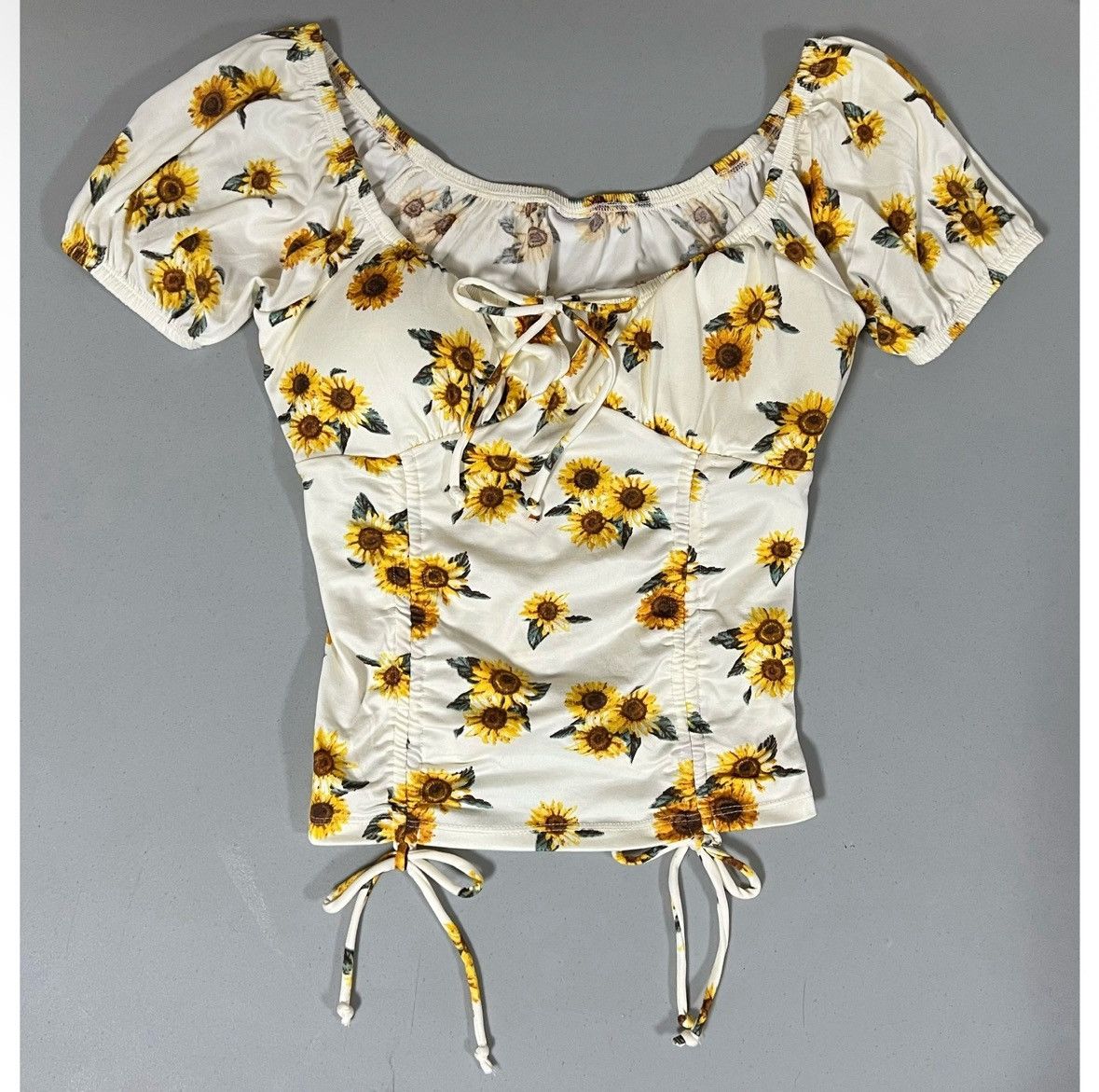 Vintage Sunflower Ruched Short Sleeve Top Shirt Blouse Size S 🌻✨ Size S / US 4 / IT 40 - 2 Thumbnail