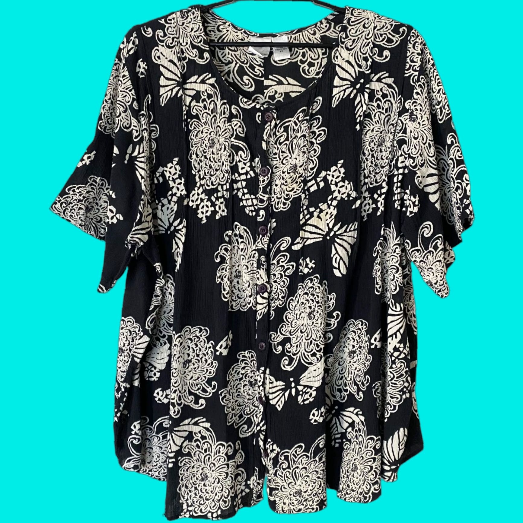 Vintage VINTAGE Roaman's Floral Print Cotton Blouse Women's 2X Short Sleeve Button-Up Boho Casual Fall Spring Summer Size XXL / US 16-18 / IT 52-54 - 1 Thumbnail