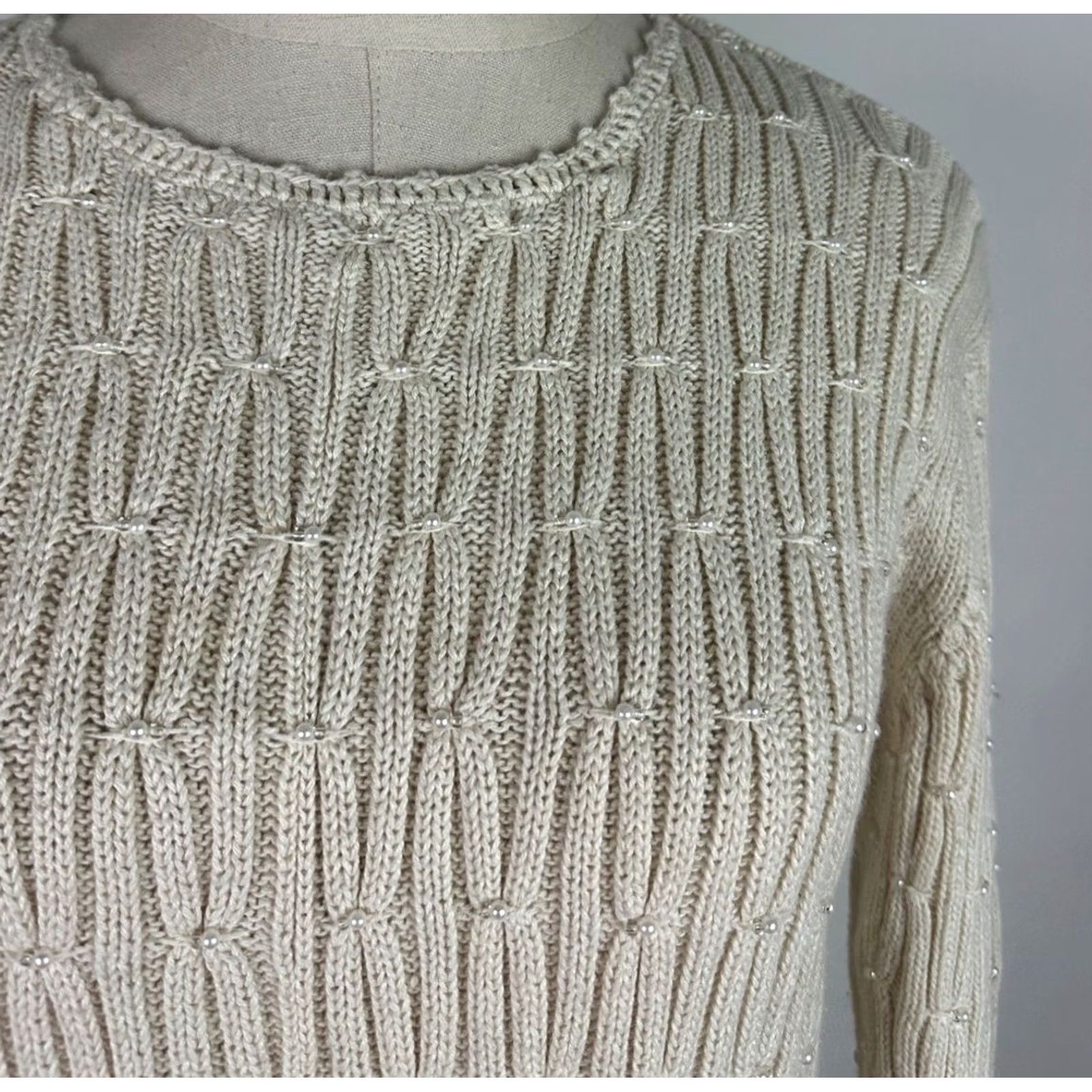 Vintage VINTAGE Capacity Ivory Cotton Beaded Pullover Sweater Womens Small 90s Bohemian Retro Knit - Womens Size S / US 4 / IT 40 - 2 Thumbnail