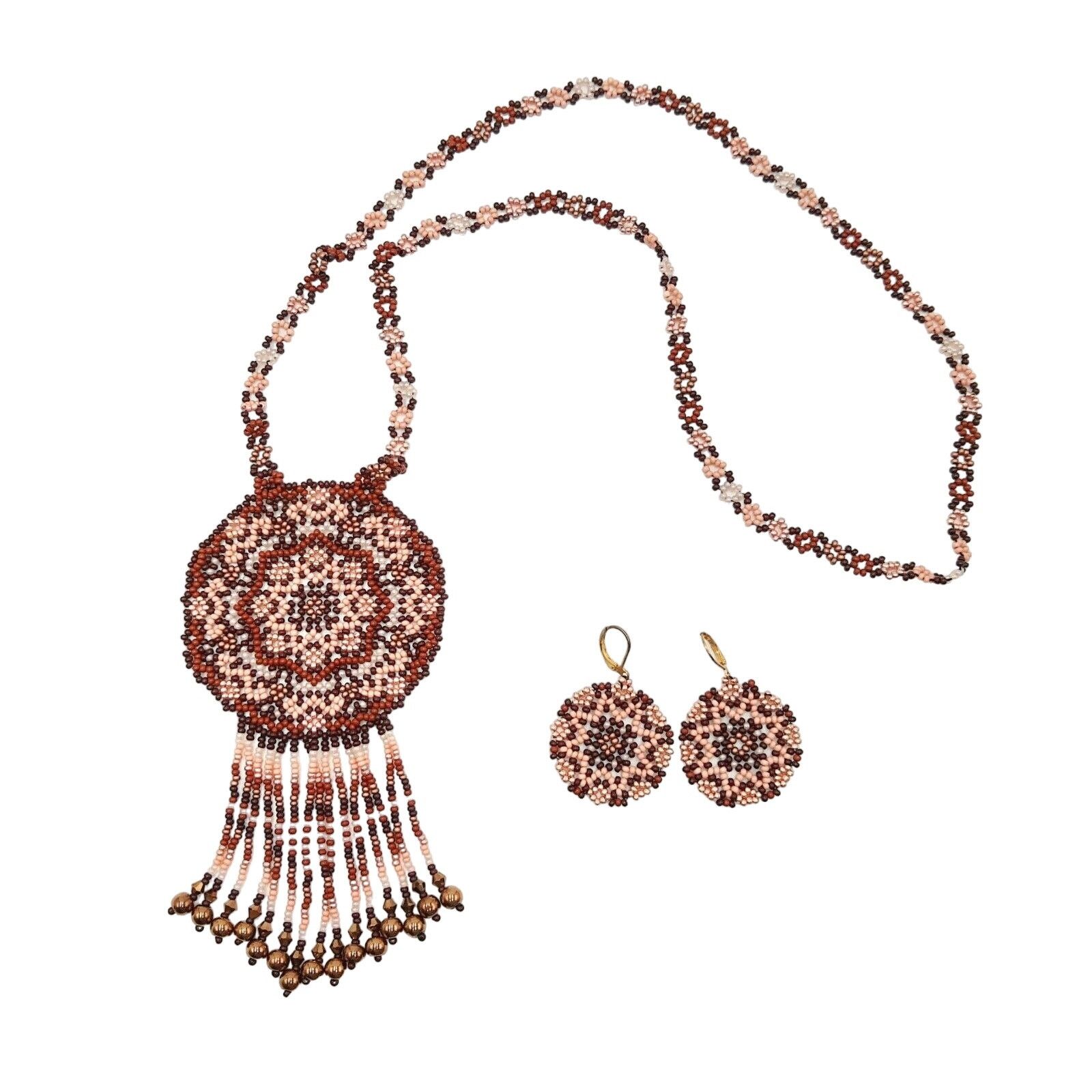 Handmade Handmade Brown Mandala Boho Bead Necklace and Earnings Set Size ONE SIZE - 1 Thumbnail