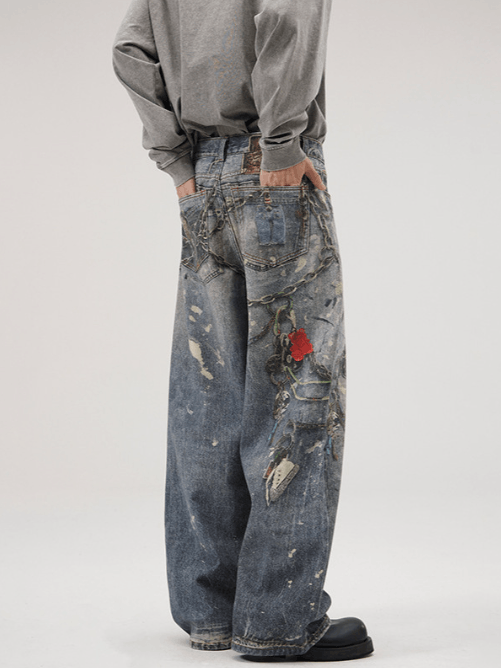 Japanese Brand × Jean Men's loose straight jeans with ink-splashed digital print Size US 32 / EU 48 - 3 Thumbnail
