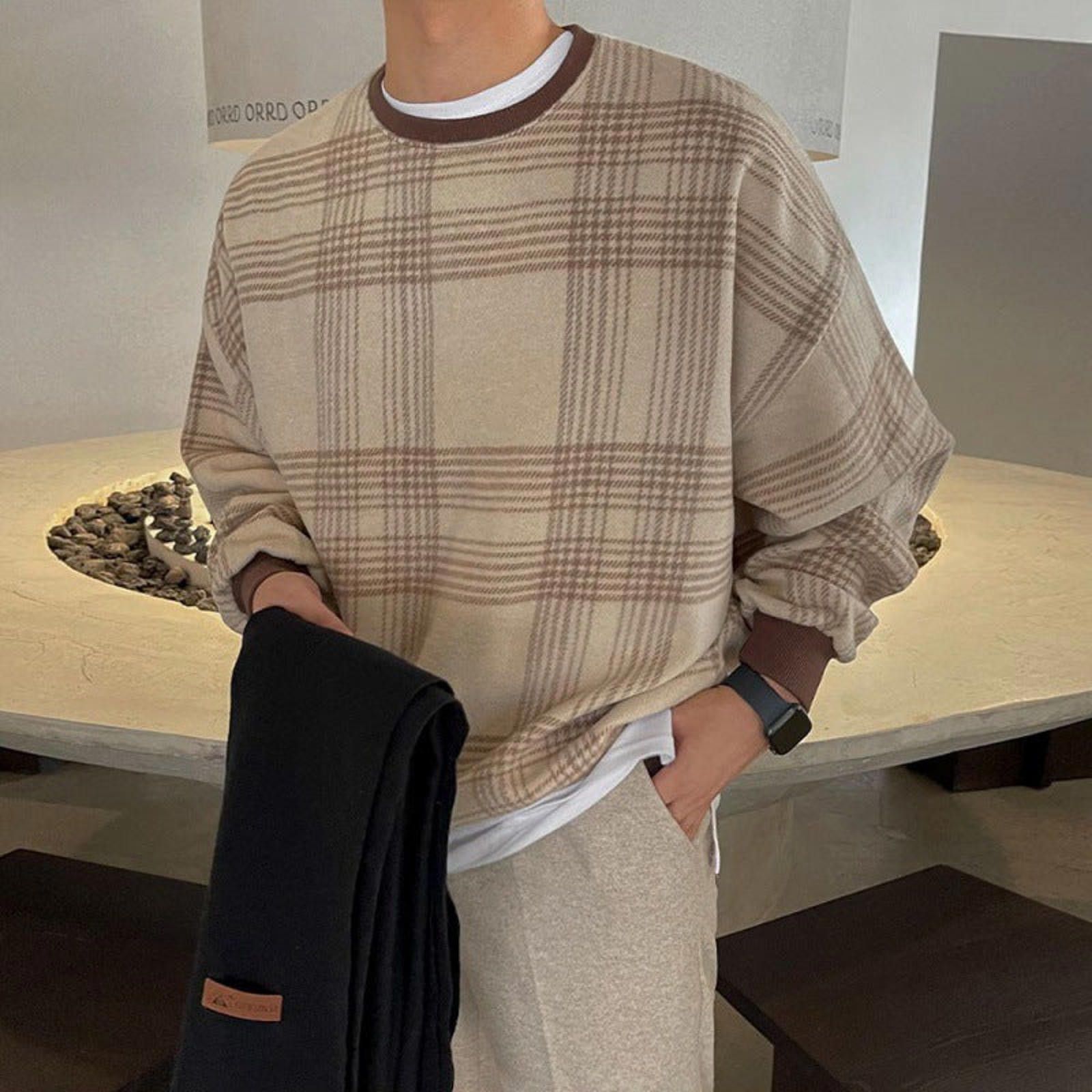 Vintage Beige Brown Plaid Crewneck Sweatshirt, Casual Fit Sweatshirt Size US M / EU 48-50 / 2 - 1 Thumbnail