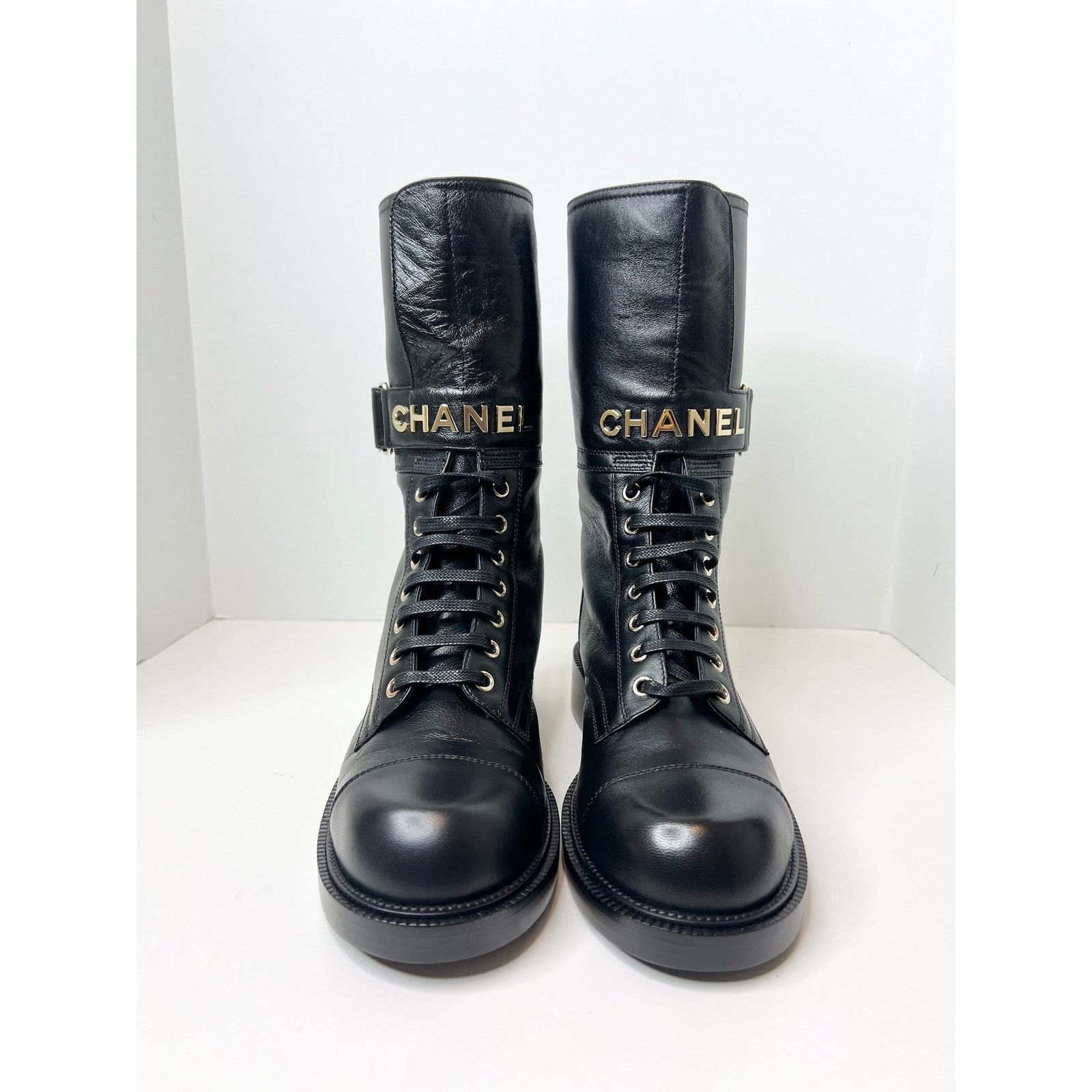 Chanel NWT! Chanel Lace Up Combat Boots, Black, Size 37.5 Size US 7.5 / IT 37.5 - 4 Thumbnail