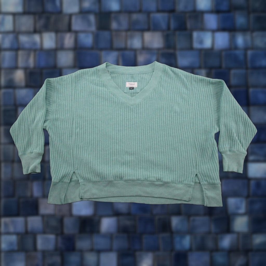 American Eagle Outfitters American Eagle Thermal Waffle Knit Pullover Oversized Sweatshirt XS Blue Size XS / US 0-2 / IT 36-38 - 1 Thumbnail