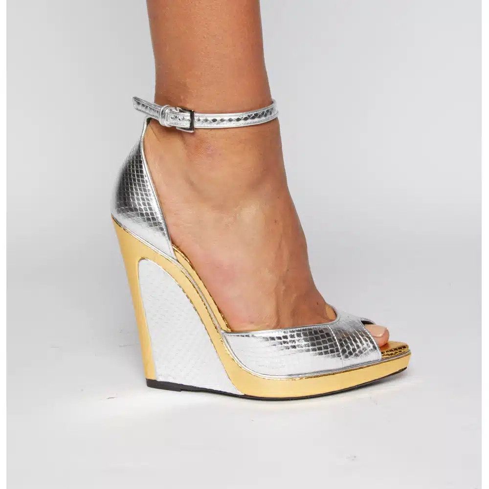 Tom Ford o1loc1c0625 W2552S Wadge Snakeskin Sandals in Silver Size US 7.5 / IT 37.5 - 4 Thumbnail