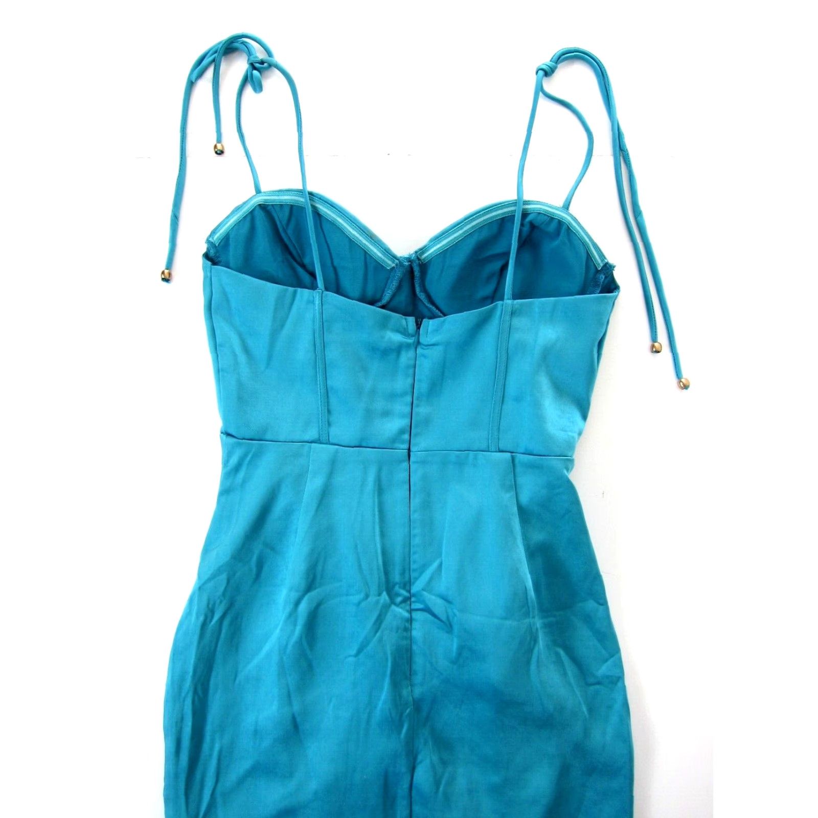 Hereu Here Comes The Sun Teal Spaghetti Strap Ruched Bustier Midi Cocktail Dress Small Size S / US 4 / IT 40 - 5 Thumbnail