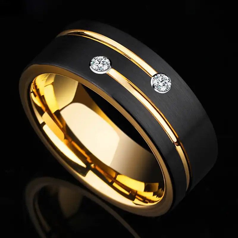 Jewelry Luxury Mens 8mm Black Stainless Steel Gold Color Ring Size ONE SIZE - 1 Thumbnail