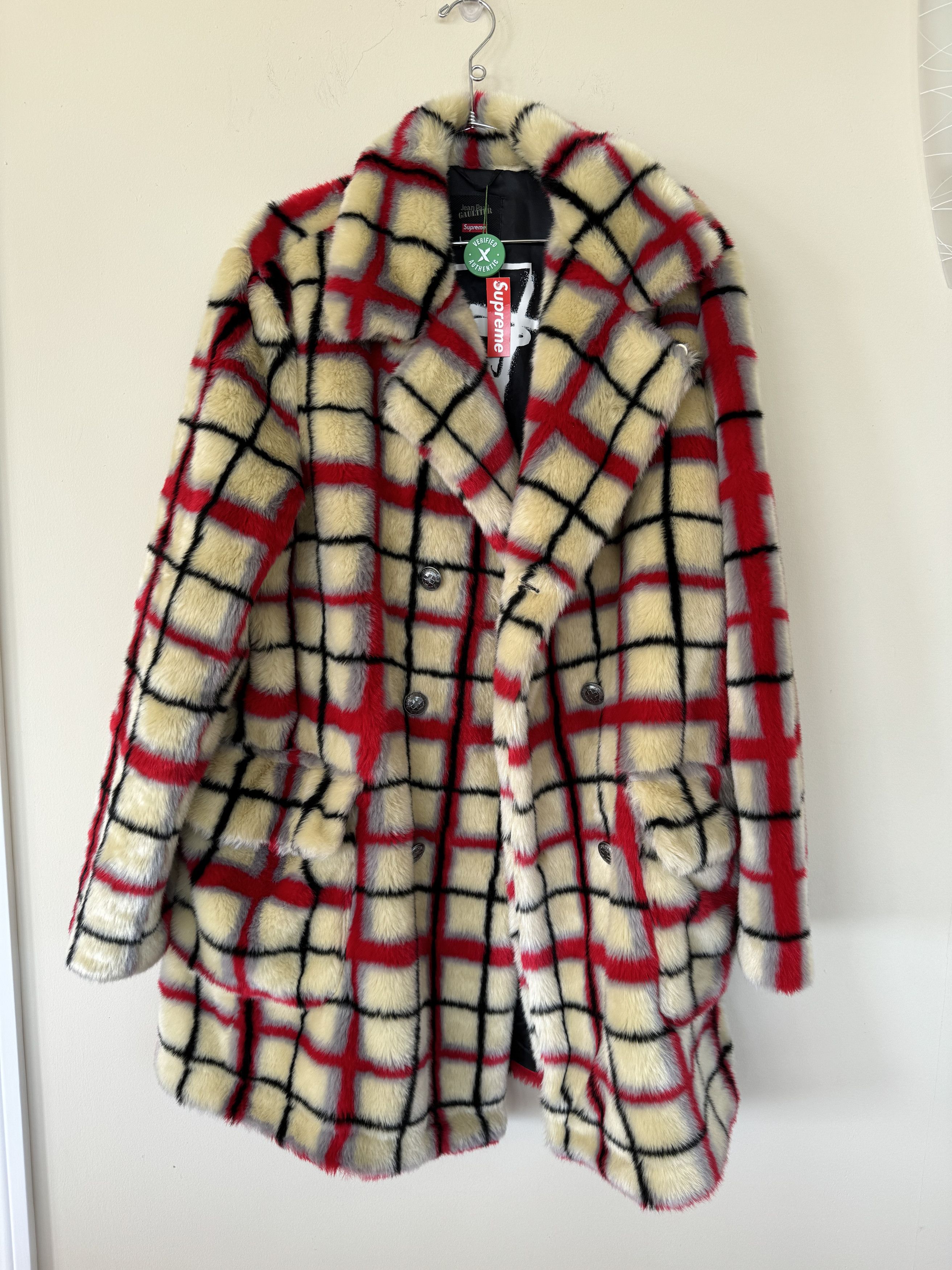 Supreme Jean Paul Gaultier Double Breasted Plaid Faux Fur Coat OffWhite