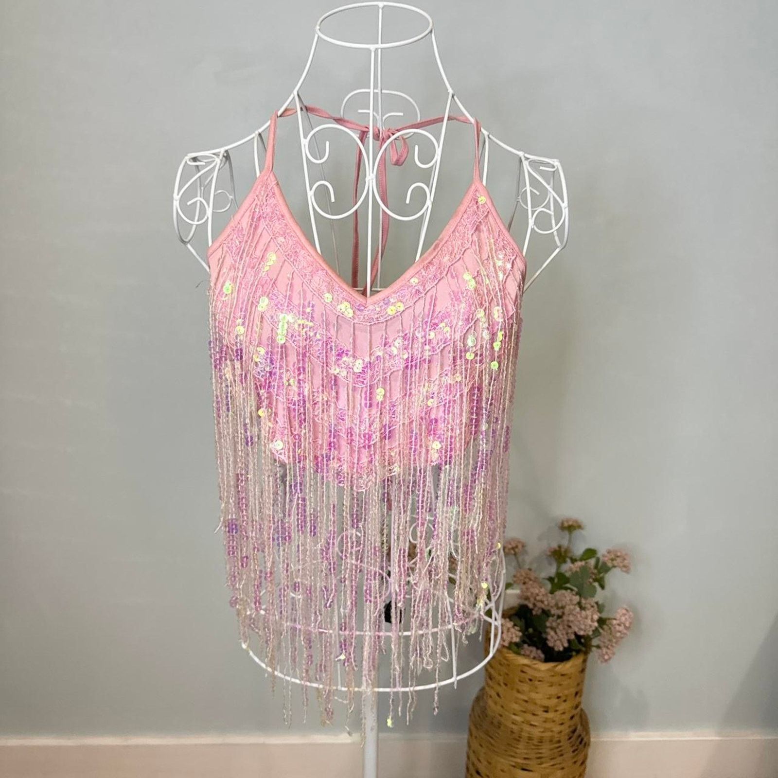 Other Pink vintage 90s y2k sparkly sequin beaded fringe halter top Size S / US 4 / IT 40 - 2 Thumbnail