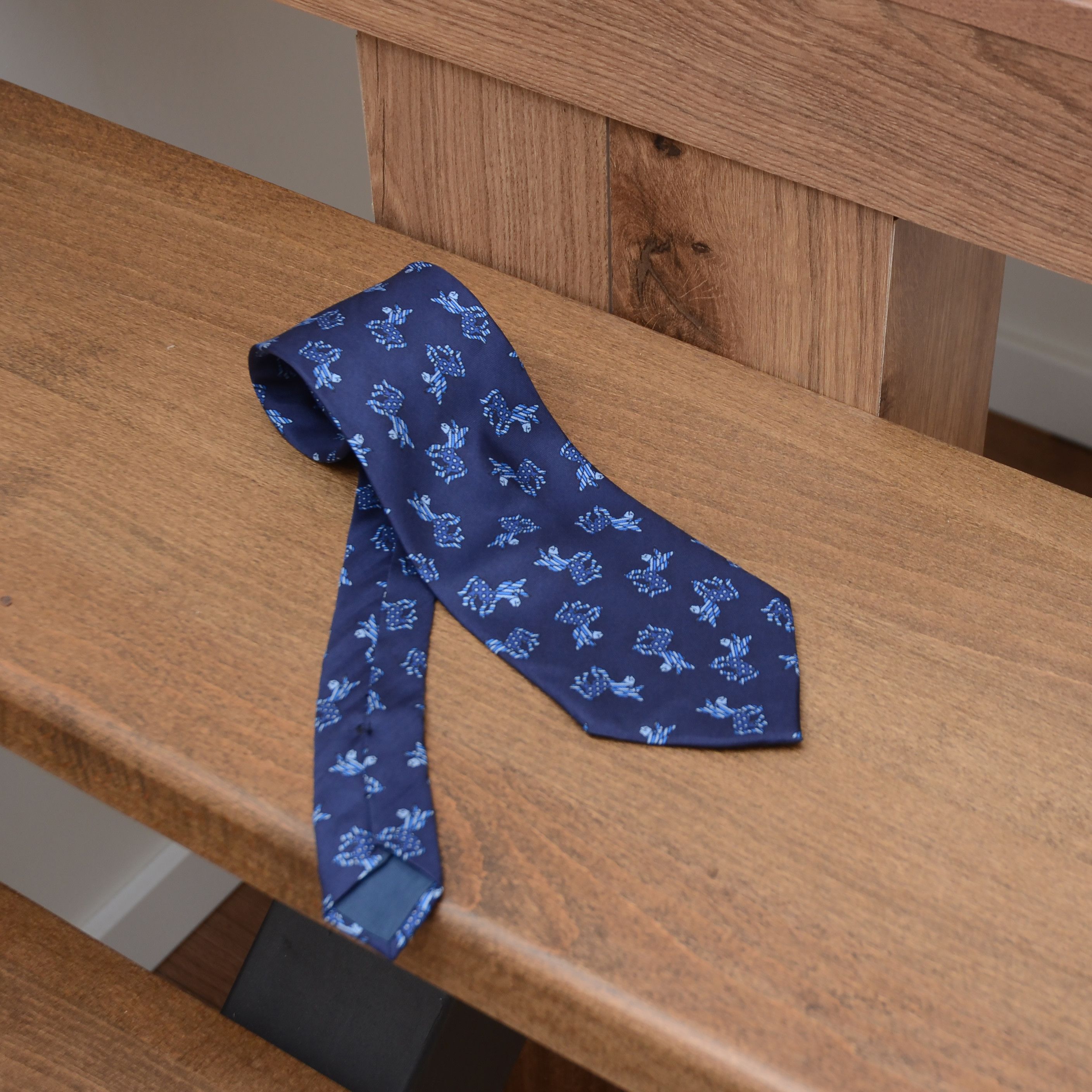Vintage Berny’s Blue Silk Tie Print Ass Animals Design Made France Size ONE SIZE - 7 Thumbnail